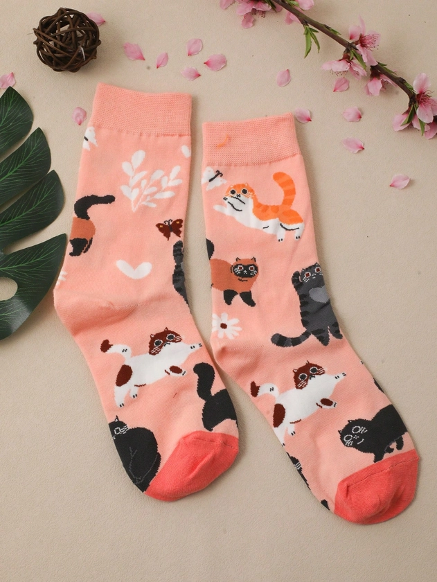 Femme 1 paire Chaussettes à motif chat dessin animé mignon