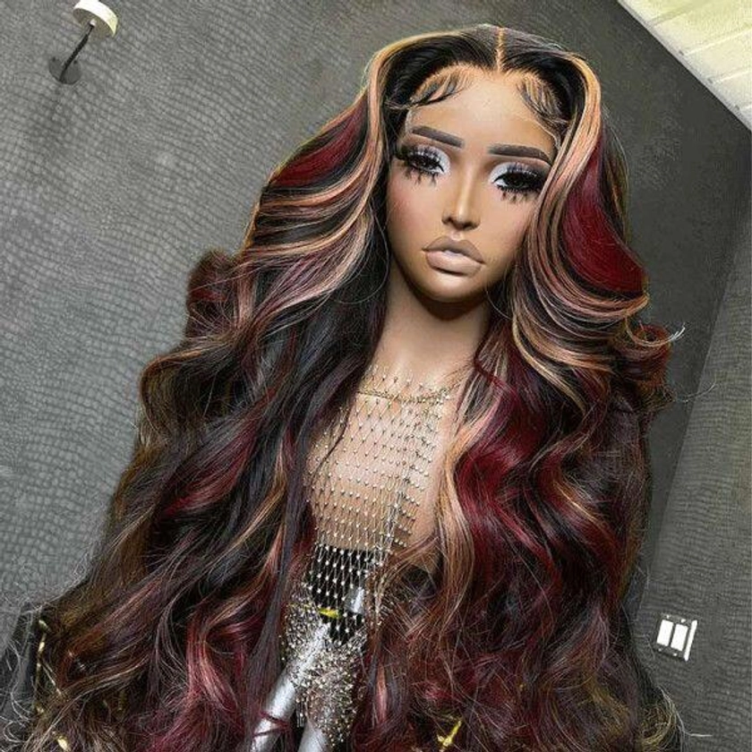 Megalook High Quality New Pop Highlights Wig 210% Density Burgundy Red