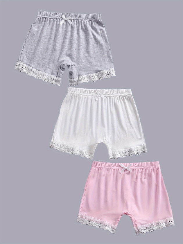 3pcs Comfy Lace Trim Bow Decor Elastic Waist Short Leggings Set For Girls Spring Summer