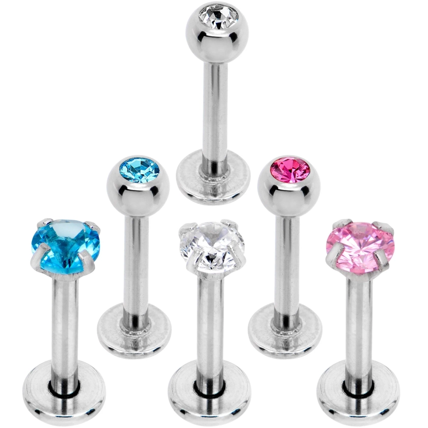 5/16 Clear Pink Blue Gem Internally Threaded Pack Set of 6 Labret Monroe