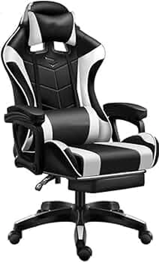 Gaming Chair Ergonomic Computer Chair Office Chair Desk Swivel Chair Adjustable Reclining Footrest Cushion White New!