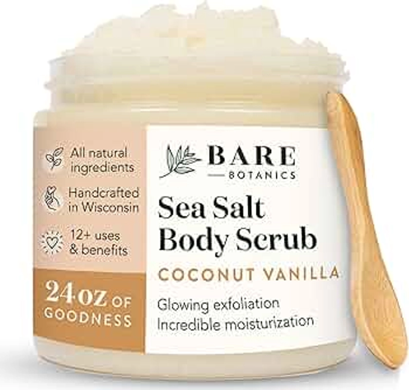 Bare Botanics Coconut Vanilla Body Scrub 24oz | Made in Madison, WI | All Natural Sea Salt Exfoliator w/ Skin Loving Moisturizers | Vegan & Cruelty Free | Gift Ready Packaging w/ a Cute Wooden Spoon