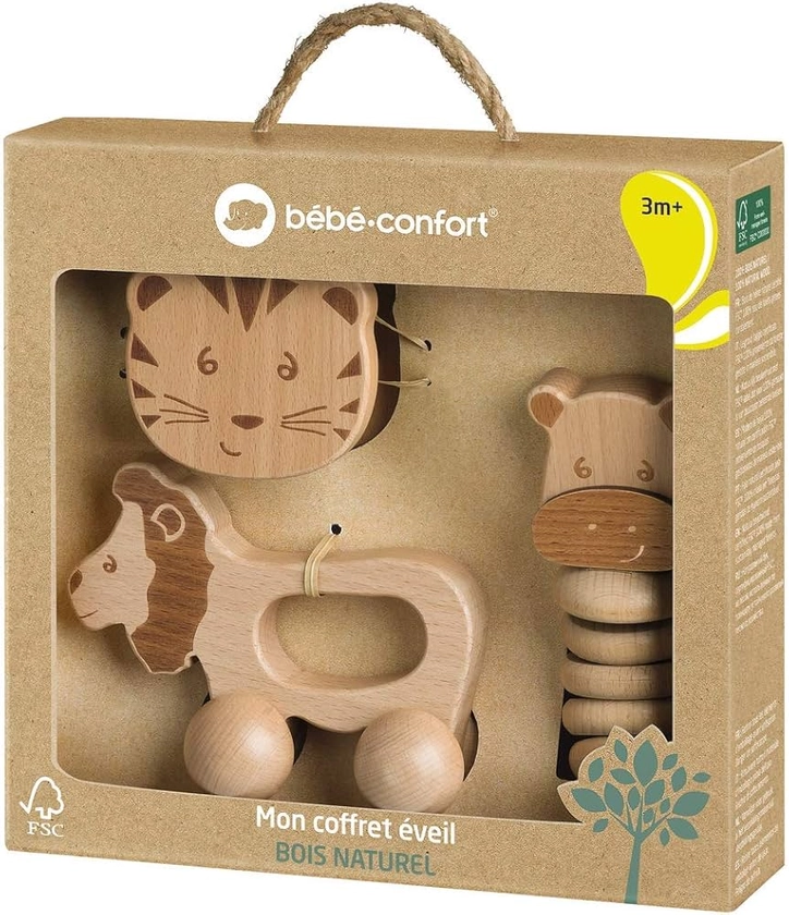 Bébéconfort Coffret cadeau jouets d'éveil en bois FSC pour bébé : Jouet à rouler + Hochet bébé grelot + Hochet gling-gling