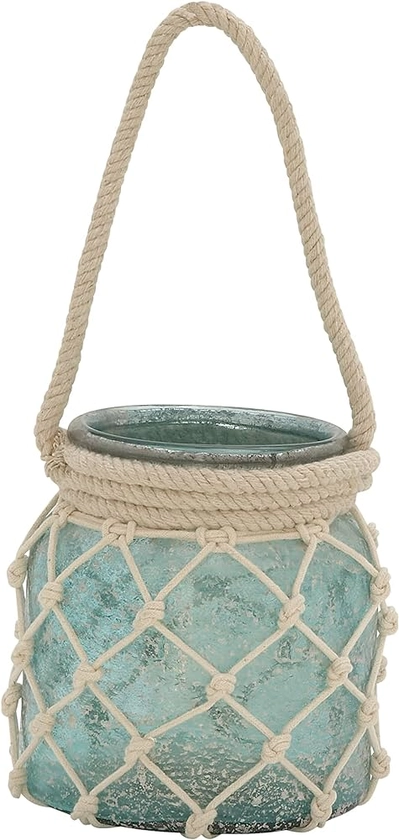 Amazon.com: Deco 79 Glass Candle Lantern with Rope Handle, 7" x 7" x 15", Blue : Home & Kitchen