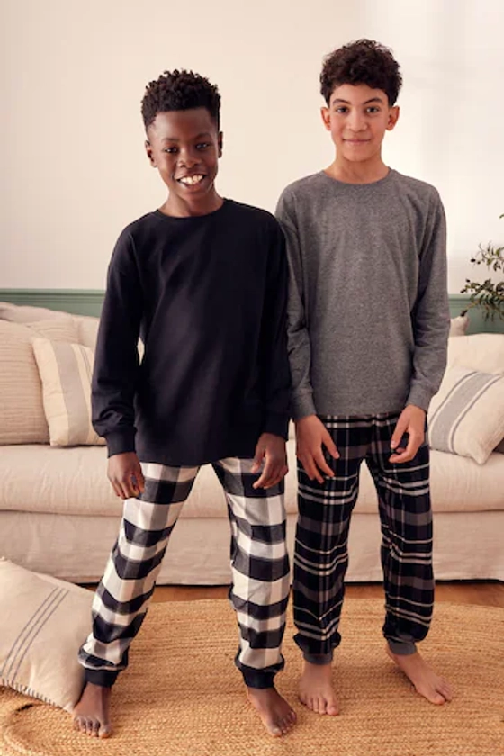 Monochrome Long Sleeve Woven Check 100% Cotton Pyjamas 2 Pack (3-16yrs)