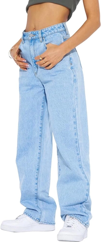 PLNOTME Women's High Waisted Boyfriend Baggy Jeans Straight Leg Casual Denim Pants