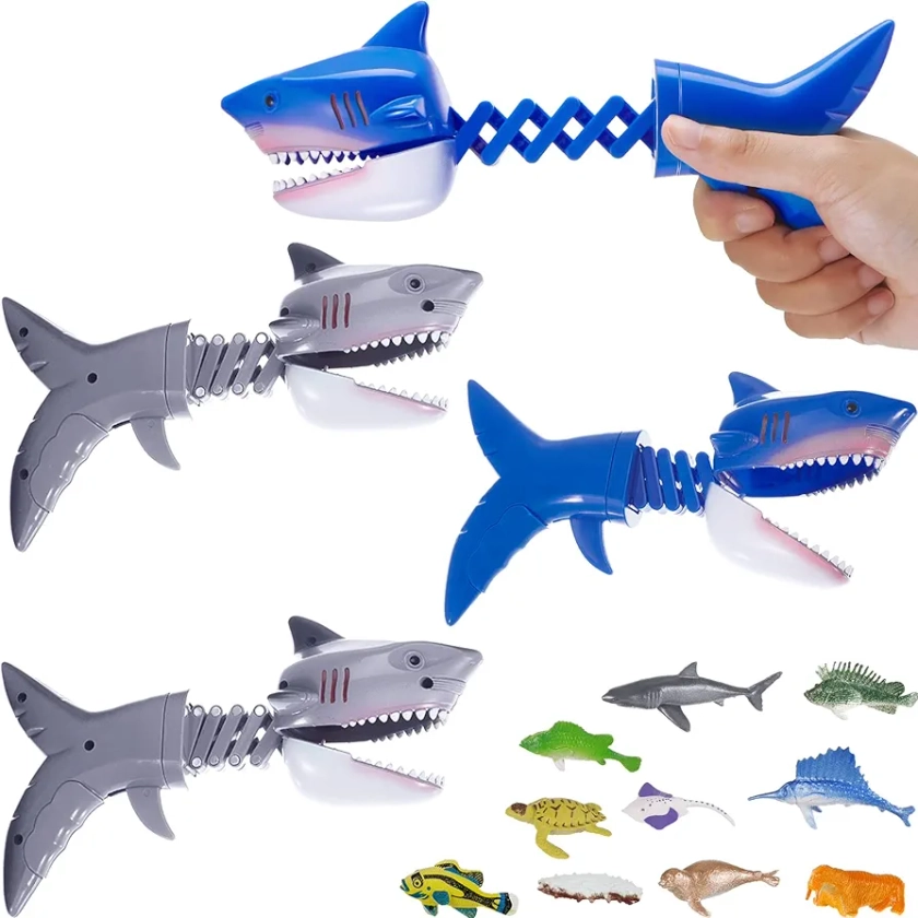 Deekin 20 Pcs Shark Grabber Toys Include 4 Shark Grabbers and 16 Mini Sea Animals Figure Playset, Mini Shark Toy Shark Figurines, Blue Gray