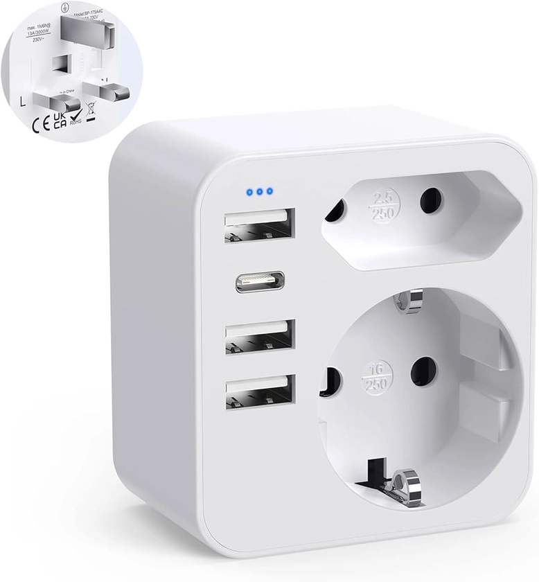 6 in 1 European to UK Plug Adapter with 3 USB + 1 Type C + 2 Schuko Spain UK Plug Adapter for Ireland, English, Scotland, British, Maldives (Type G)