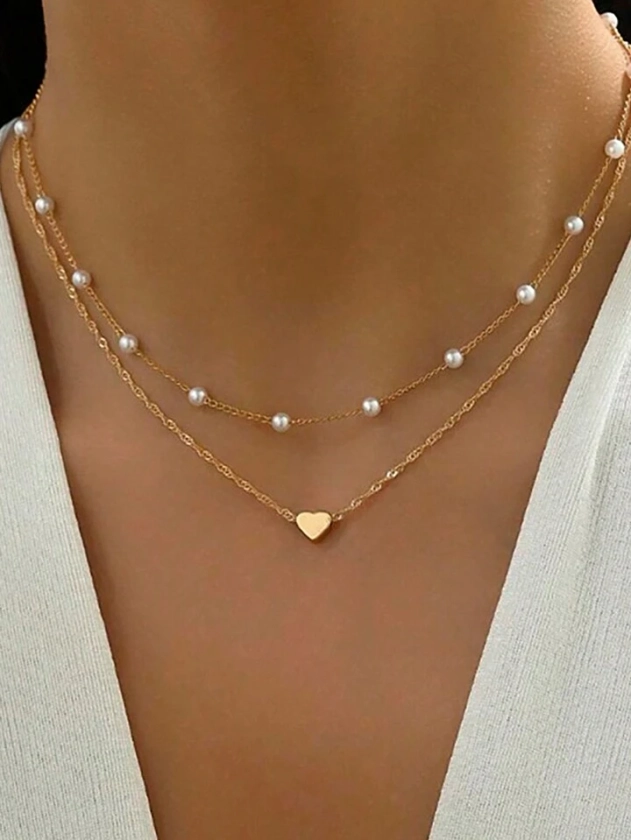 Exquisite Heart-Shaped Pendant With Imitation Pearl Collarbone Chain, Simple And Elegant Temperament Necklace, Exquisite Party Versatile For Daily Wear, Women's Jewelry (Random Number Of Imitation Pearls)