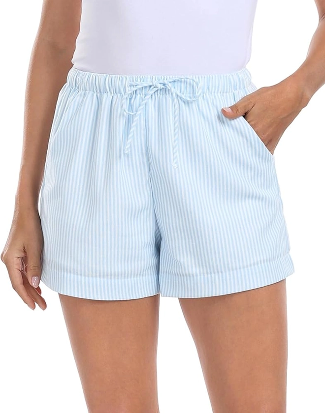 HDE Women's Linen Blend Drawstring Shorts High Waisted 4" Inseam Summer Shorts Blue and White Stripe - XS | Amazon.com