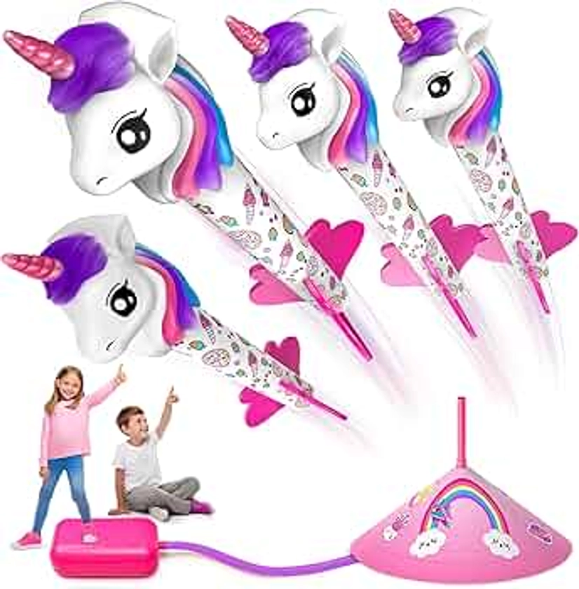 beefunni Unicorn Rocket Launcher for Kids, 4 Unicorn Outdoor Toys for Girls, Christmas Birthday Unicorn Gifts for Girls Ages 2 3 4 5 6 7 8 Years Old, Fun Unicorn Toys for Kids Ages 2-4-6 Years Old