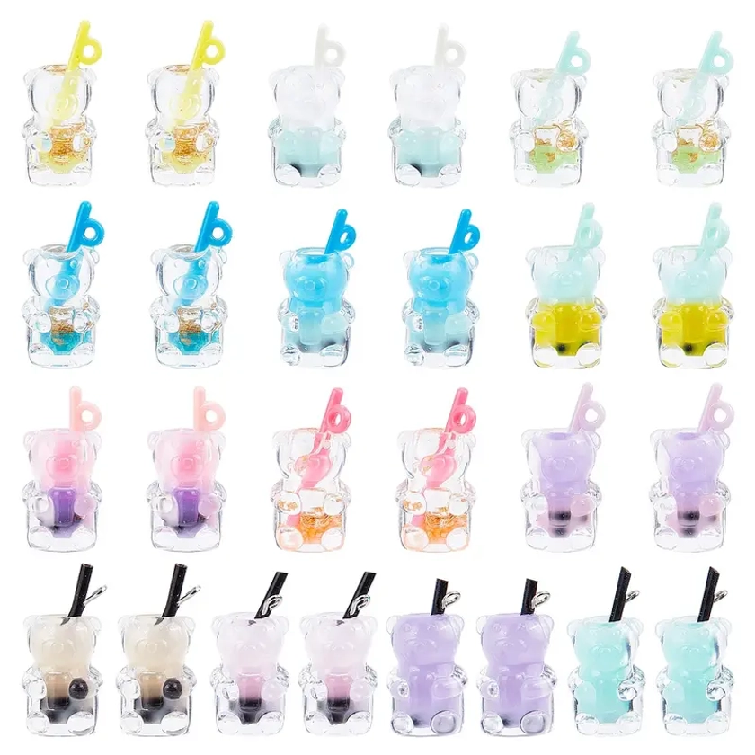 1Box/52Pcs 13 Styles Random Mixed Color Boba Tea Charms Milk Tea Fruit Bubble Tea Charm Resin Bear Animal 3D Imitation Bottle Charms For Jewelry Makin