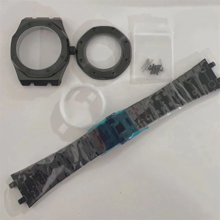 Boîtier de montre en acier inoxydable avec revêtement noir, ensemble complet de pièces, bracelet en verre saphir, mouvement Royal Oak NH35, NH36, 4R36, 41mm