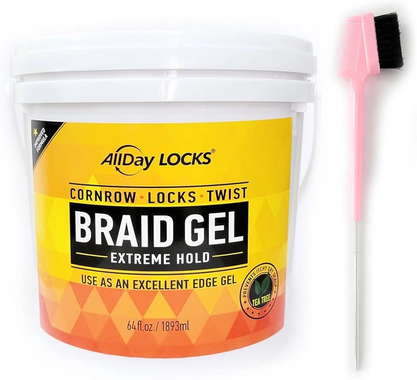 AllDay Locks Braid Gel, Extreme Hold, Long Lasting for Braids, Locks, Twists, Cornrows 64oz (Bucket) With All Beauty 3-in-1 Edge Brush Pintail (Random Color)