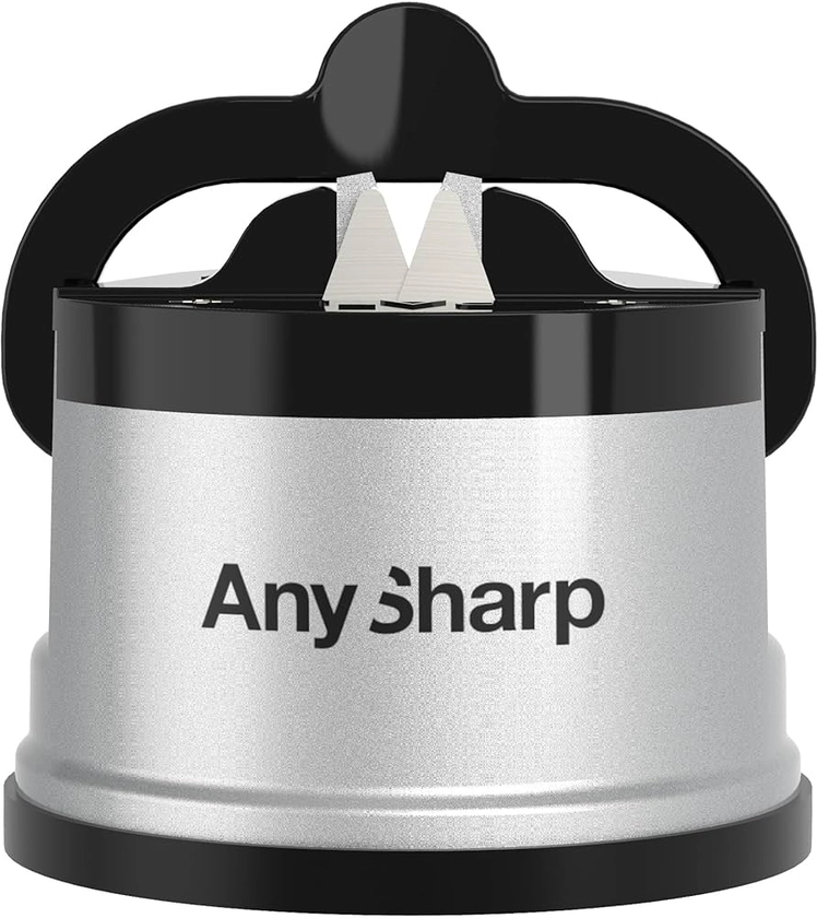 AnySharp Knife Sharpener, Hands-Free Safety, PowerGrip Suction, Safely Sharpens All Kitchen Knives, Ideal for Hardened Steel & Serrated, World's Best, Compact, One Size, Silver