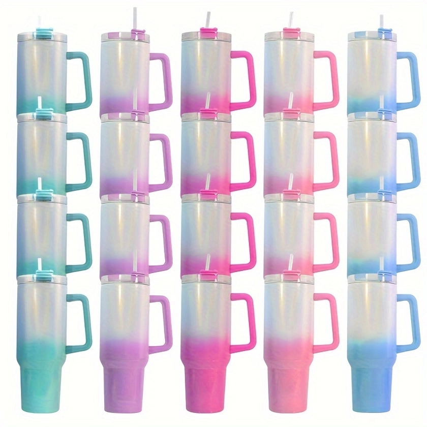 20pcs, 40oz Gradient Shimmer Sublimation Tumbler With Colored Handle And Straw Lid, 5 Colors Stainless Steel Vacuum Insulated Water Mug, Portable Larg