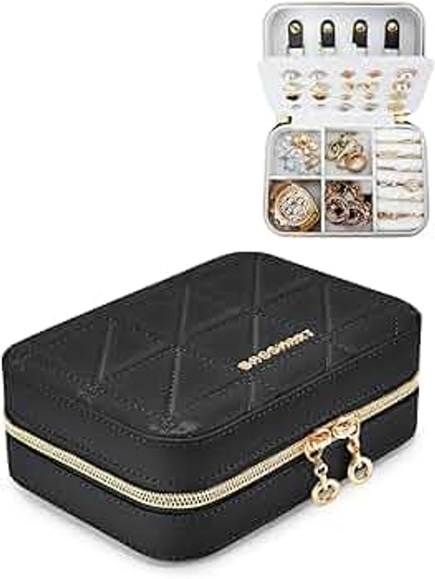 BAGSMART Travel Jewelry Box, Small Jewelry Organizer PU Leather Travel Jewelry Case, Portable Mini Necklace Ring Holder Storage Double Layer Jewelry Boxes for Women Earrings, Bracelets,Black