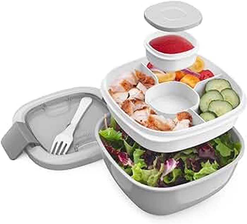 Bentgo® All-in-One Salad Container - Large Salad Bowl, Bento Box Tray, Leak-Proof Sauce Container, Airtight Lid, & Fork for Healthy Adult Lunches; BPA-Free & Dishwasher/Microwave Safe (Gray)