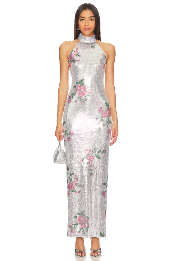 Camila Coelho Luiza Sequin Maxi Dress in Silver Floral | REVOLVE