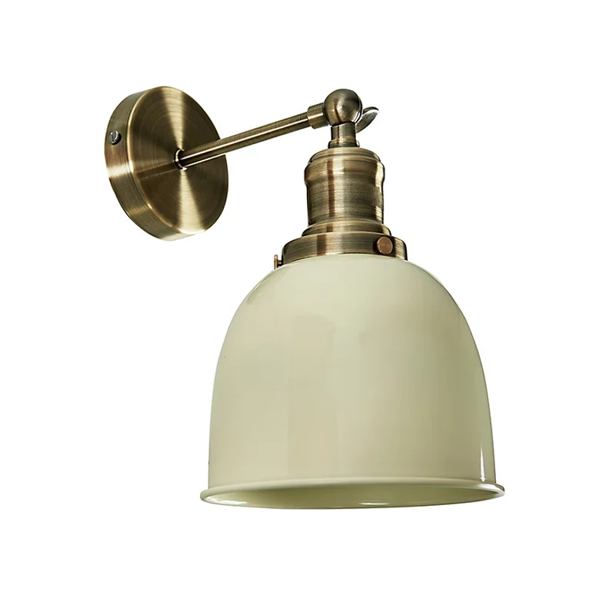 ValueLights Antique Brass Adjustable Knuckle Joint Wall Light With Gloss Cream Dome Shade | DIY at B&Q