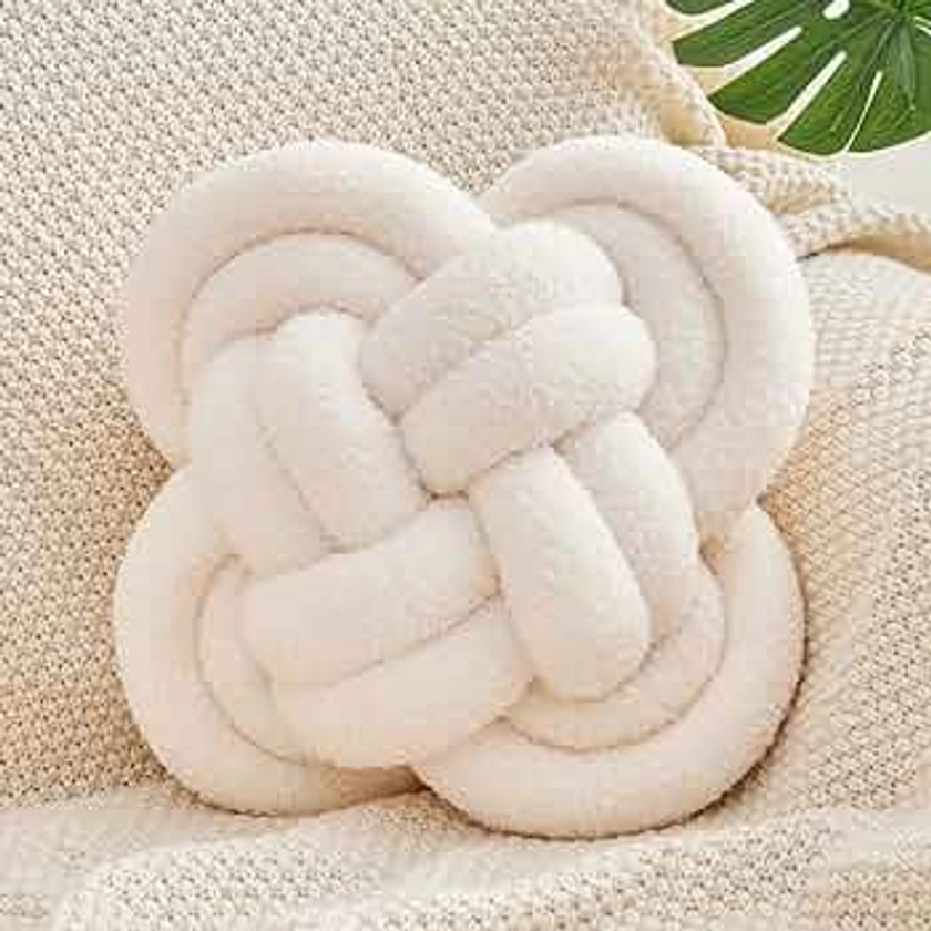 Xiashrk Knot Pillow Ball, 12" Soft Decorative Throw Pillows for Couch Bed, Ivory White Knotted Plush Throw Pillow Handmade Square Cushion Home Couch Decor Pillows for Living Room