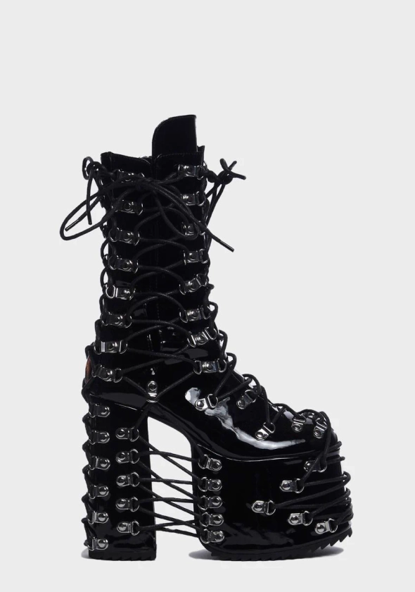 Widow Patent Strappy D Ring Platform Boots - Black