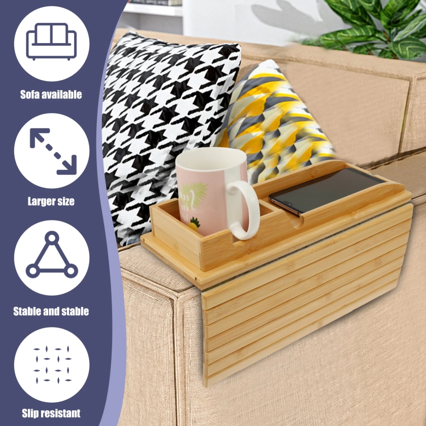 Bamboo Couch Cup Holder Anti-Slip Sofa Armrest Tray Cup Holder Foldable Couch Arm Storage Tray For Drinks Cup phone Remote Snack