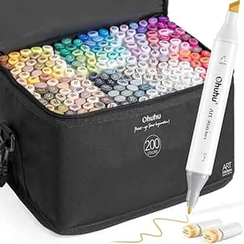 Ohuhu Marker Set 200 Colors - Alcohol Based Dual Tipped Art Markers - Refillable Ink - Chisel & Fine Tips - Organized Carrying Case - Waterproof