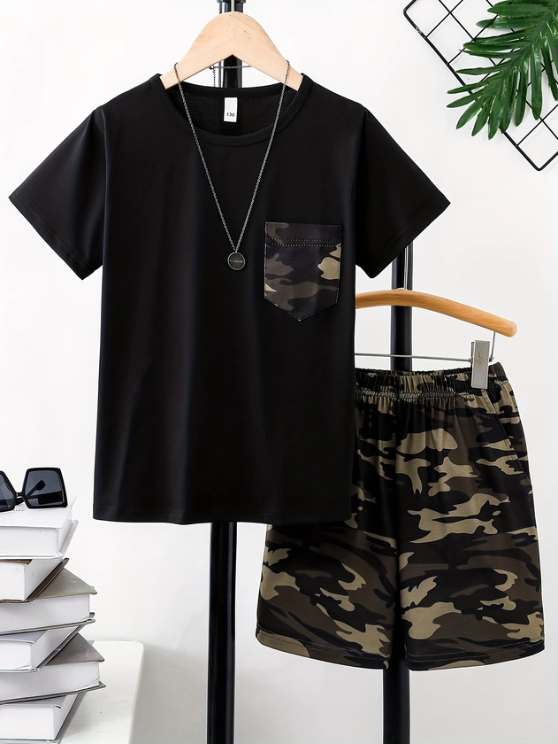 2pcs Boys Casual Comfortable Versatile Short Sleeve Camo Pocket Patch T-shirt &amp; Camouflage Shorts Set, Cool, Lightweight And Comfy Summer Clothes!