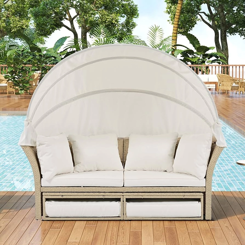 Amazon.com: P PURLOVE Outdoor Canopy Bed Patio Daybed with 4 Pillows, Wicker Rattan Double Daybed Round Sofa Furniture Set with Retractable Canopy, 2-Person Outdoor Patio Bed for Lawn, Garden, Backyard (Beige) : Patio, Lawn & Garden