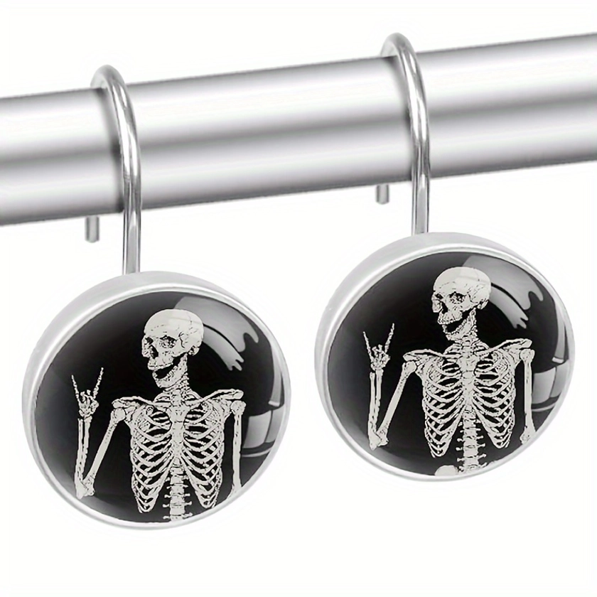 12-Piece Halloween Skeleton Shower Curtain Hooks - Easy Install, Durable Black Round Decorative Hooks For Bathroom