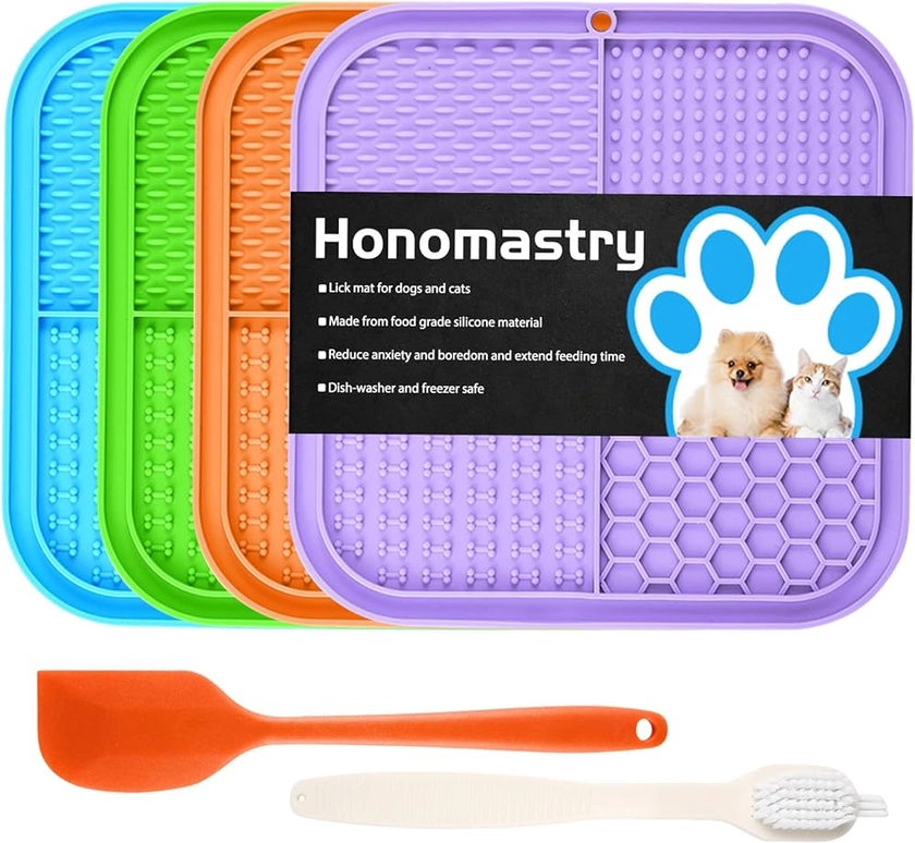 Dog Licking Mat Slow Feeder for Dogs, Premium Lick Pad with Suction Cups for Dog Anxiety Relief, Slow Feeder Dog Bowls, Bathing, Grooming and Training, 4 Pack (Green, Blue, Orange and Purple)