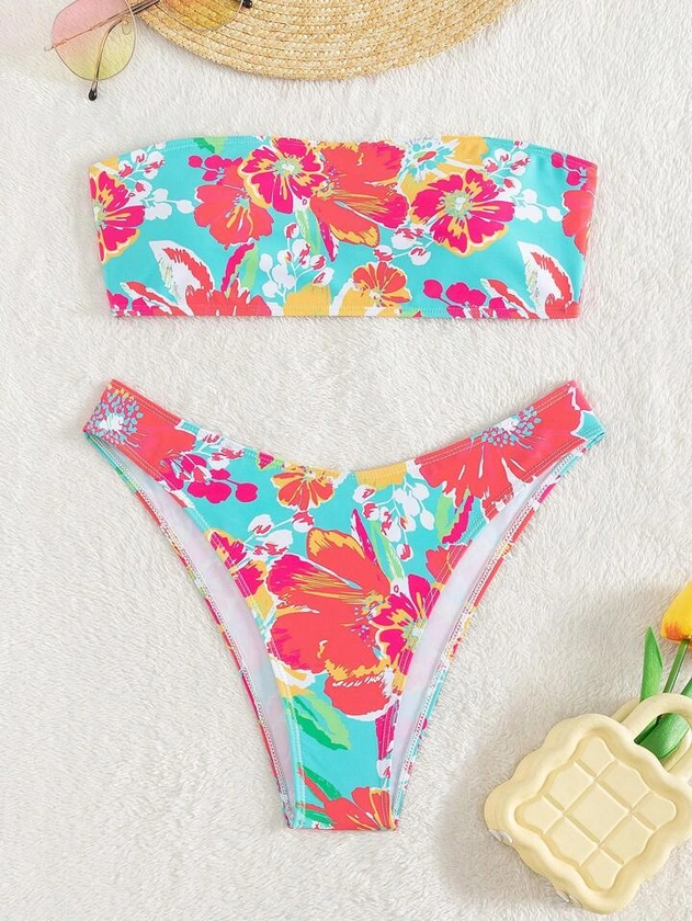 SHEIN Swim Summer Beach Floral Print Bandeau Bikini Set | SHEIN USA