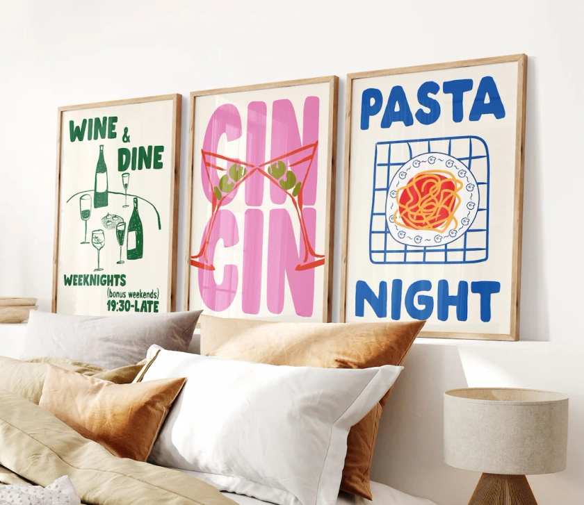 Set of 3 Print, Trendy Cin Cin Cheers Print, Retro Wine Poster, Pasta Night Food Print, Bar Cart Art Print, Maximalist Kitchen Print