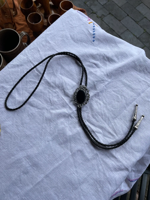 Vintage Black and Silver Plated Brooch Bolo Tie - Etsy UK