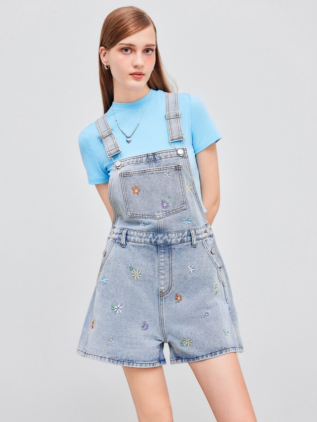 Denim Denim Floral Embroidery Pocket Jumpsuit For School