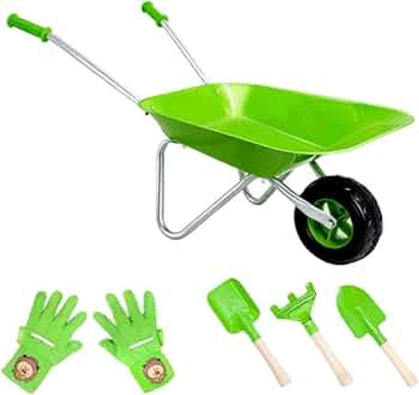 Hortem Wheelbarrow Set Children, Metal Construction Wheel Barrel Easy to Assemble and 3 PCS Kids Gardening Tools,Garden Gfits for Childr (Green)