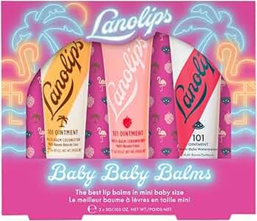 Lanolips Baby Baby Balms - Stocking Stuffer of 3 Lip Balms in Natural Strawberry, Coconutter, and Watermelon - Skincare Gift Set for Her - Clean, Cruelty-Free (3 x 3 g)