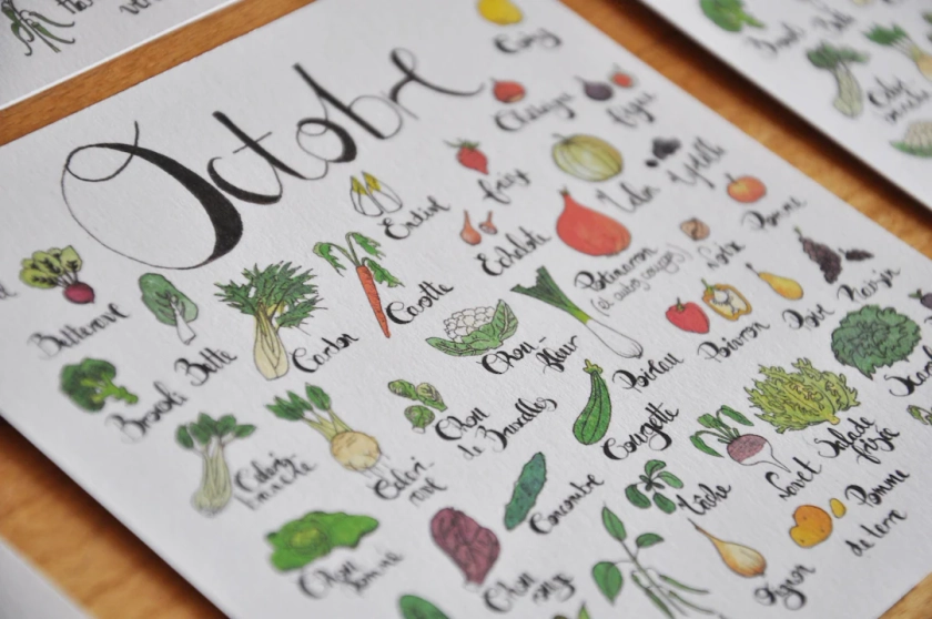 Calendrier perpétuel des fruits et légumes de saison français - 12 cartes - impression d'art