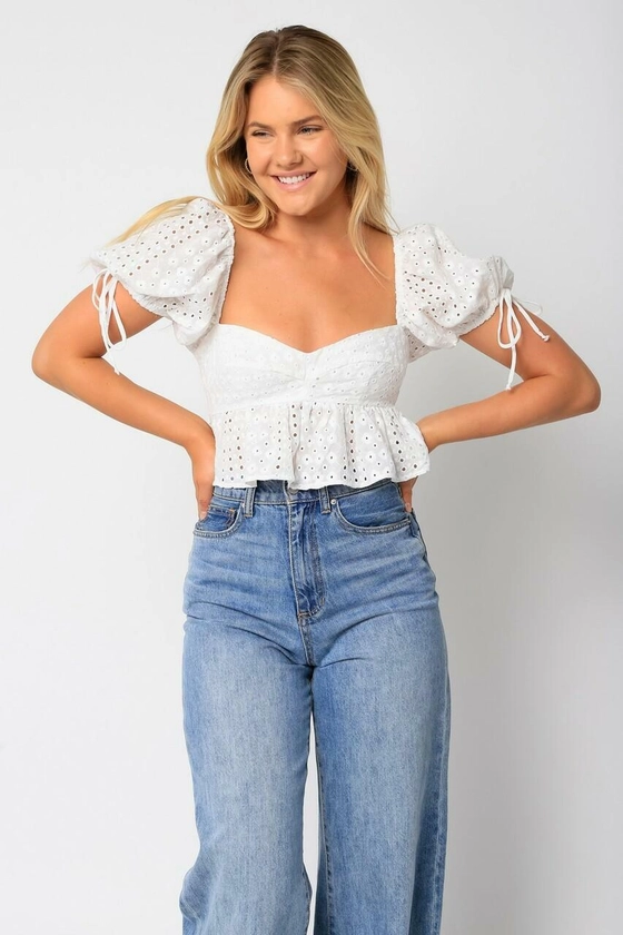 White Eyelet Babydoll Puff Sleeve Crop Top | Boho Pink