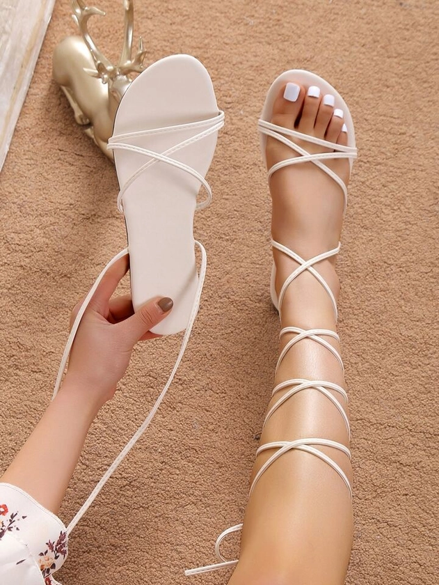Women Tie Leg Design Strappy Sandals, Elegant Outdoor Flat Sandals