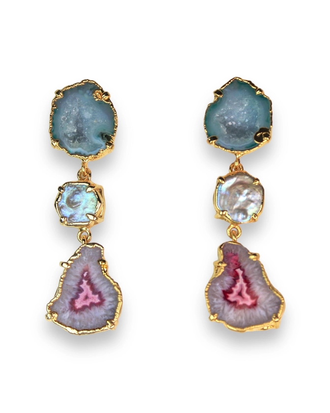 One Of A Kind Pastel Blue Geode Earrings With Iridescent Pearl & Pink Agate by AMINA JOHAN