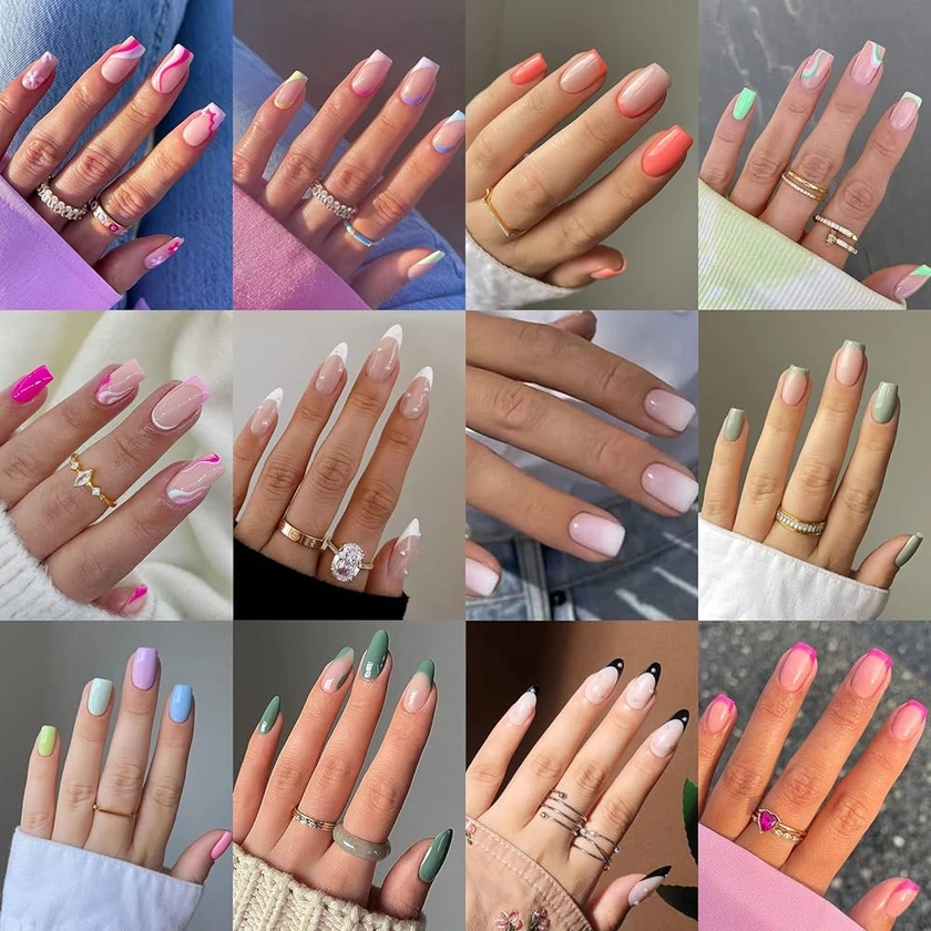 12 Packs (288 Pcs) Press on Nails Medium and Short, MisssixFake Nails French Tip Press on Nails Almond and Square with Nail Glue for Women