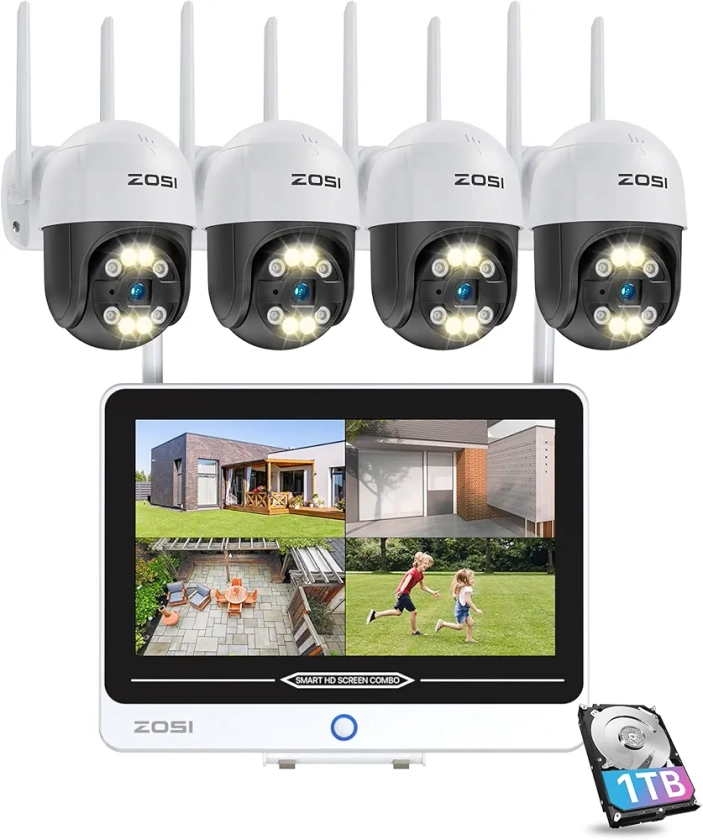 ZOSI 2K 8CH Security Camera Wireless Outdoor System with 12.5in LCD Monitor,4x 3MP Pan/Tilt Cameras with 2 Way Audio,Color Night Vision,Human Detection,1TB HDD for Home 24/7 Recording Surveillance