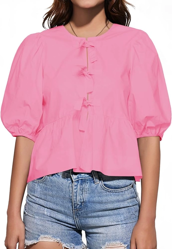 Tankaneo Womens Tie Front Tops Summer Peplum Babydoll Puff Short Sleeve Blouse Cute Cotton Shirts