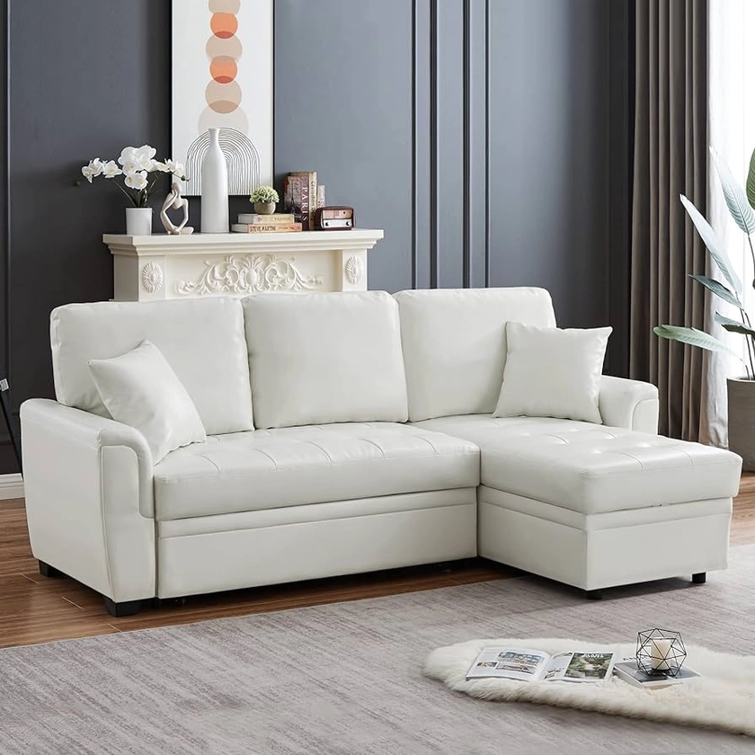 Aoowow Upholstered Sectional Sofa with Reversible Storage Chaise Lounge, Faux Leather Pull Out Sofa Bed, 86 Inch L-Shaped Couch, 3-Seat Sleeper Sofa for Living Room (White-PU)