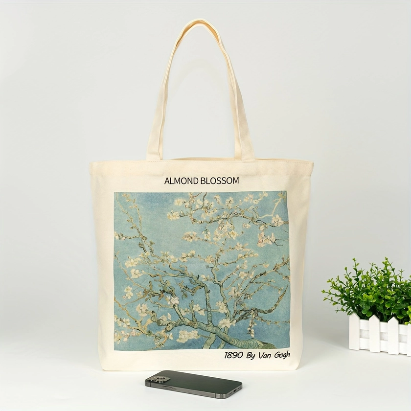 Van Gogh Almond * Oil Painting Art Canvas Tote Bag For Women Girl, Reusable Tote Bag, Foldable Large Capacity Leisure Shopping Bag