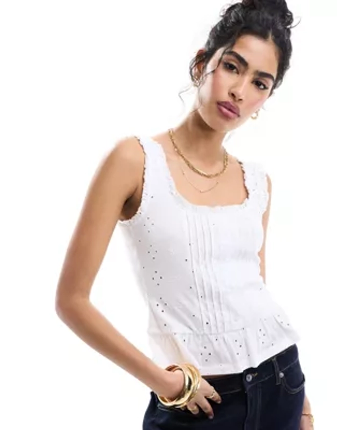 ASOS DESIGN broderie frill hem button down vest in white | ASOS