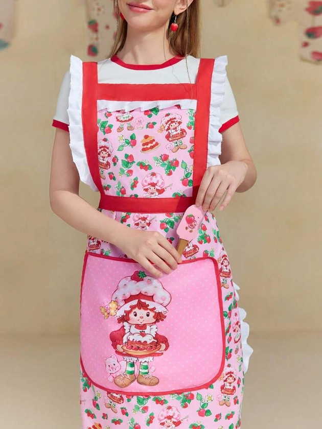 Strawberry Shortcake X SHEIN 1pc Cute Cartoon Character & Strawberry Pattern Contrast Ruffle Trim Apron