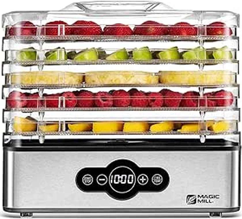 Magic Mill Food Dehydrator Machine | 5 Stackable Stainless Steel Trays Jerky Dryer with Digital Adjustable Timer & Temperature Control - Electric Food Preserver for Fruits, Veggies, Meats & Dog Treats